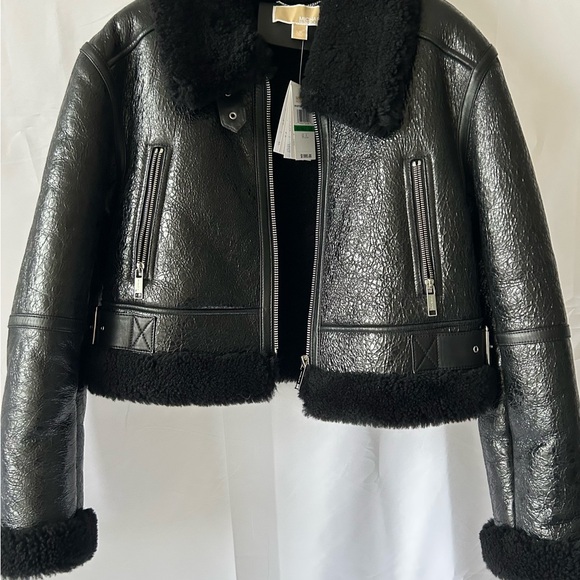 Michael Kors Crackled Leather and Shearling Cropped Jacket - Picture 1 of 7